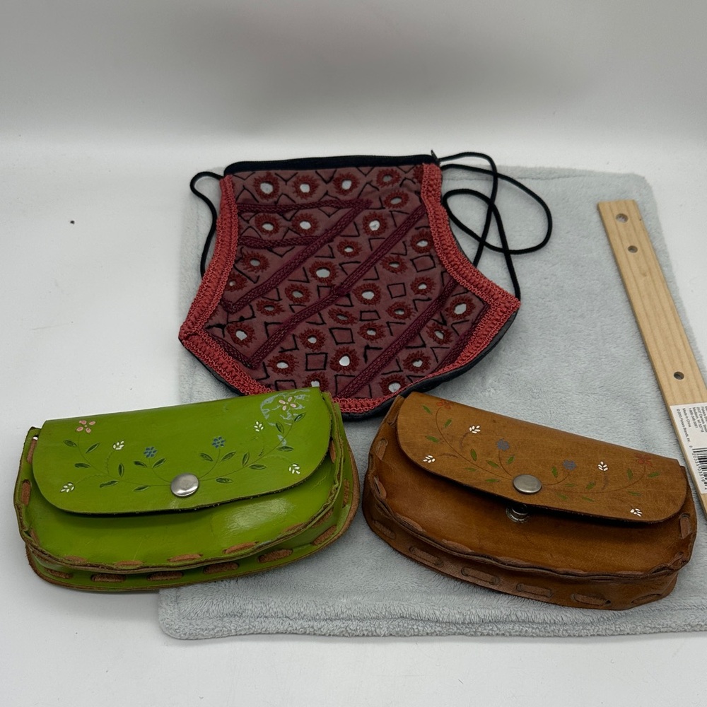 Lot of 3 Wallet/Cloth India Small Purse—-Material Tooled Leather & Cloth